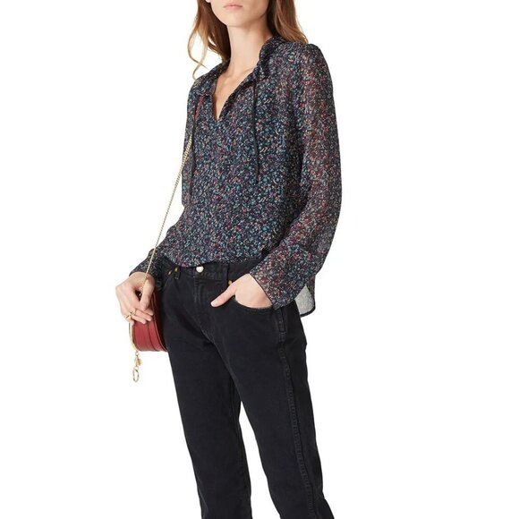See By Chloe Floral‎ Haze Blouse Womens 34/ US 2 Black Purple Viscose Sheer Top - Picture 2 of 12